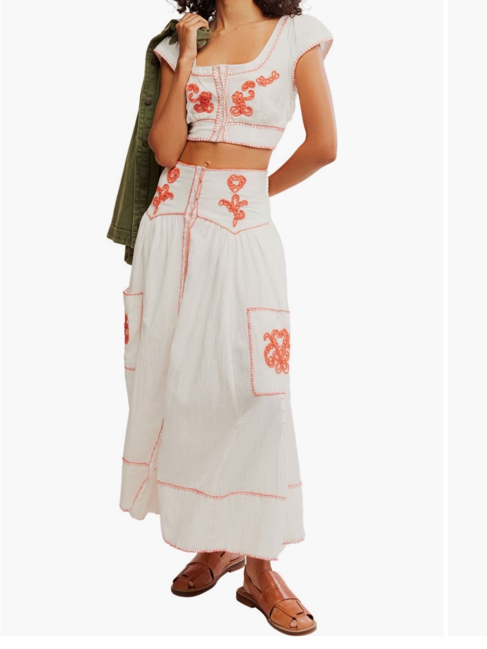 Free People White Maxi Skirt Set with Coral Embroidery
